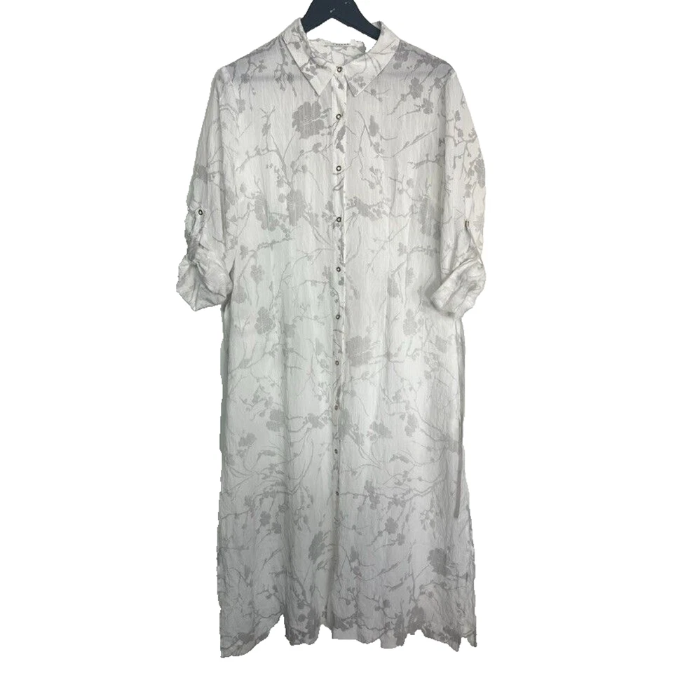 Tahari Shirt Dress L Semi Sheer Button Midi Floral Slit Hem Belted Long Sleeve - Image 3 of 4