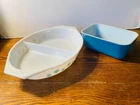 2 VINTAGE PYREX DISHES. DIVIDED VEG DISH AND SM REFRIGERATOR DISH
