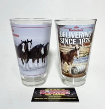 Budweiser Clydesdales Holiday 16 Oz Pint Beer Glasses Set Of Two (2) - New!