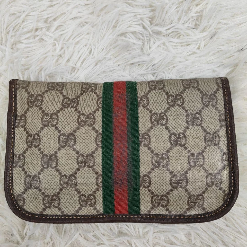 Bolso sin asas Gucci PVC cuero lona auténtico línea jerez marrón rojo verde 127904 Foto 2 de 4
