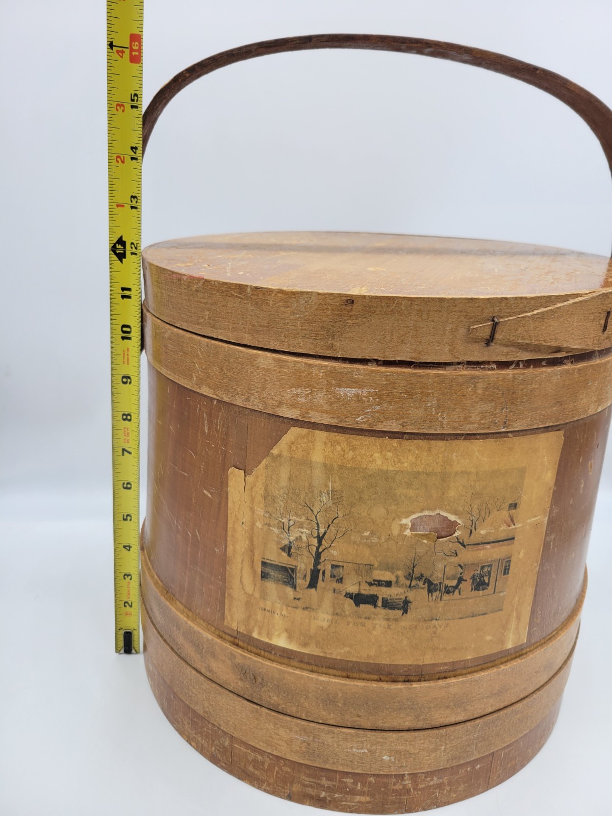 Antique Firkin Sugar Bucket with Lid and Paper Label 12" Tall