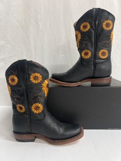 Girls TANNER MARK Boots Black Leather Sunflower Western Boots Sz 8