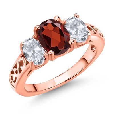 3-Stone Birthstone and Topaz Filigree Ring for Women | 18K Rose Gold Plated