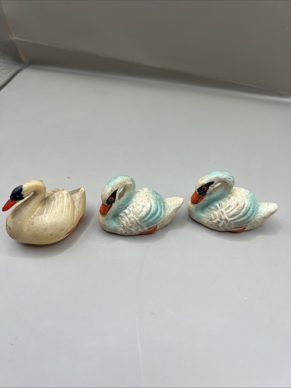 Vintage German-Made Ceramic Swan Figurines Set Of 2 & 1 Plastic Swan