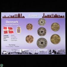 Denmark 8 Coin Unc Type Set - 1997 - 2008 Coin Dates - Set and Info Card