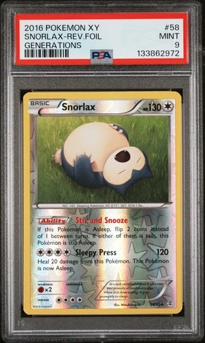 2016 POKEMON XY GENERATIONS #58 SNORLAX-REVERSE FOIL PSA 9