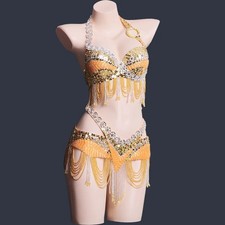 Women Rhinestones Sequin Beaded Bellydance Wear Bra Belt Set Stage Dance Costume