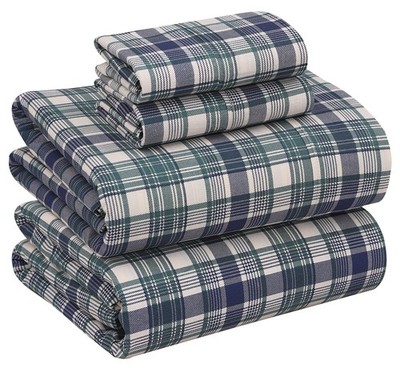 RUVANTI 100% Cotton Sheets   Queen Size Percale Queen, Greenish Blue Plaid 