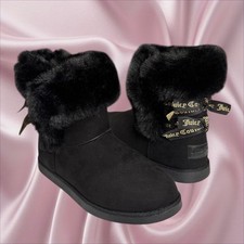 Juicy Couture Black Faux Fur Bow Mini Boots Cozy Y2K Size 9 Coquette Grunge
