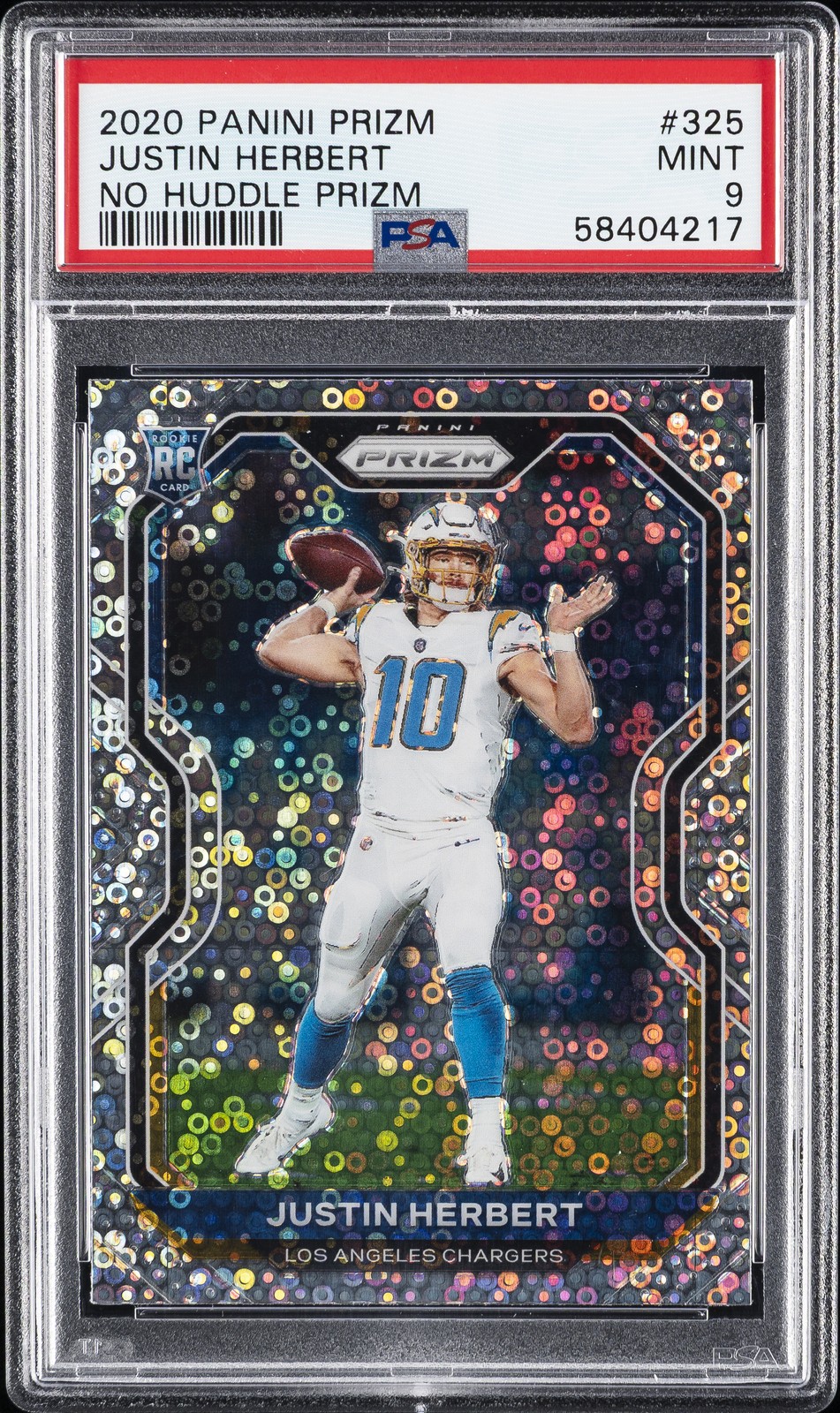 2020 PANINI PRIZM NO HUDDLE PRIZM #325 JUSTIN HERBERT ROOKIE RC PSA 9
