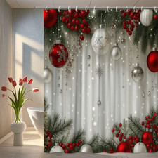 Festive Christmas Shower Curtain with Ornaments and Snowflakes