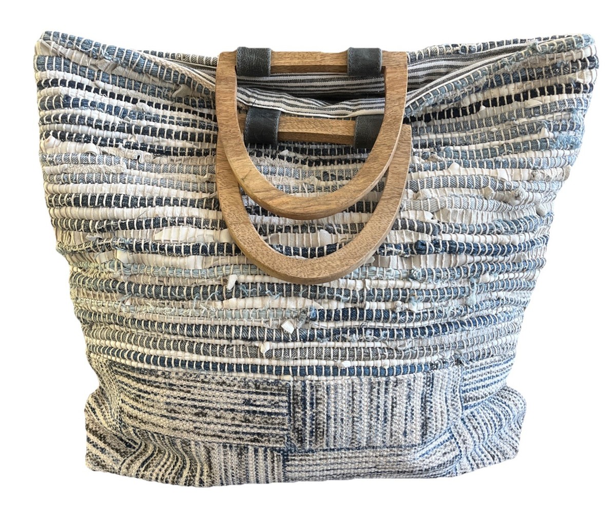 Upcycled Denim/Leather Patchwork XL Tote Bag With Wooden Handles