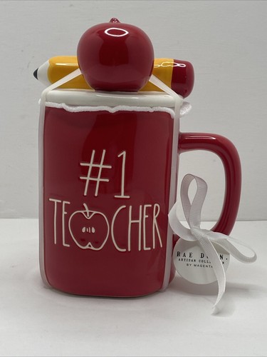 Rae Dunn #1 Lehrer Stift & Apfel Topper Rot Kaffeebecher Brandneu Neu mit Etikett