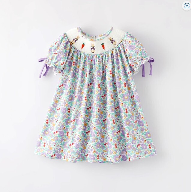 NEW Boutique Peter Rabbit Easter Bunny Girls Smocked Embroidered Floral Dress