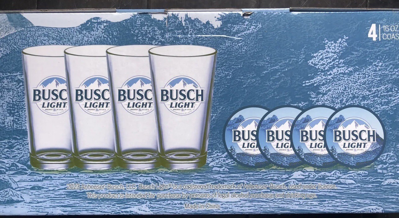Busch Light Beer Set of 4 Pint Glasses 16oz W/Coasters Brand New Free