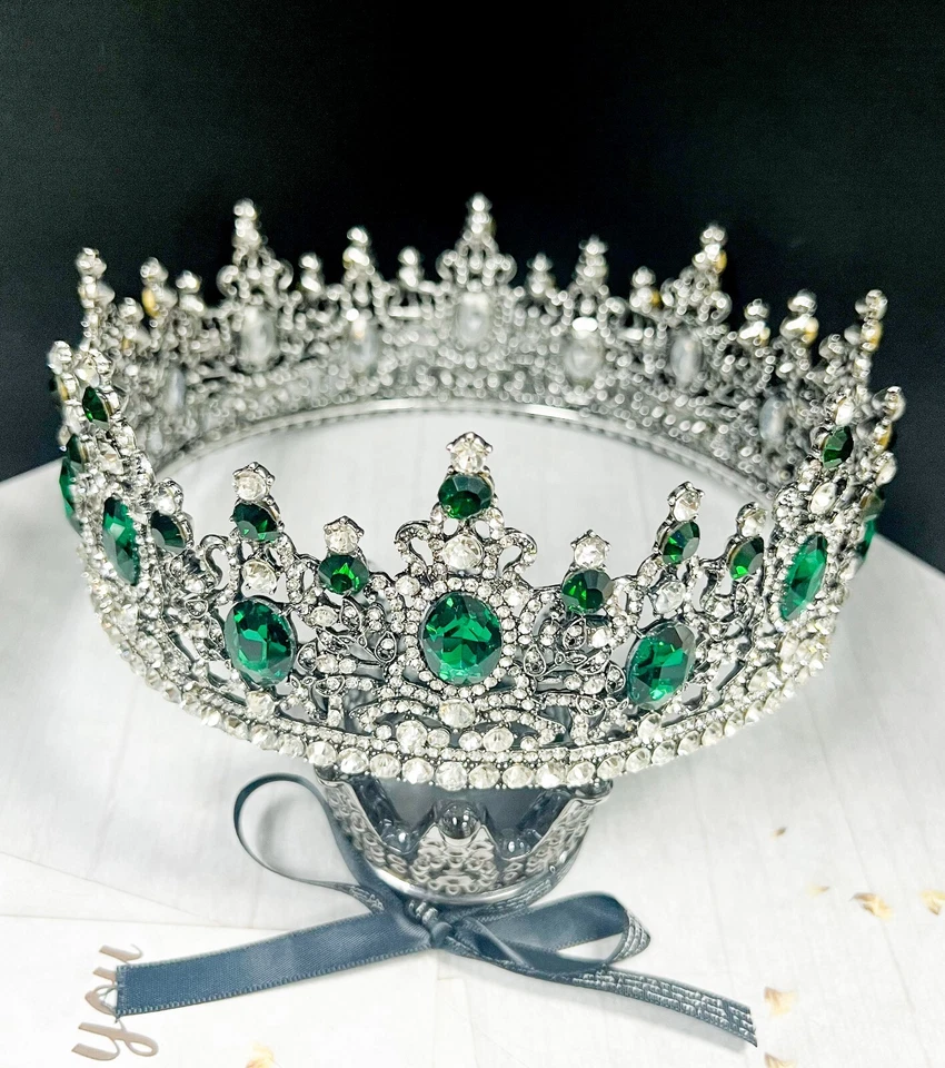 Royal King Crown, Green Crystal Crown, Silver Wedding Crown, Prom Crown, XL Size - Image 2 of 4