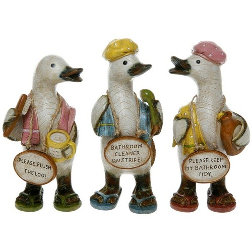 Set of Davids Ducks 3 Ornaments Bathroom Message Shabby Chic Statue