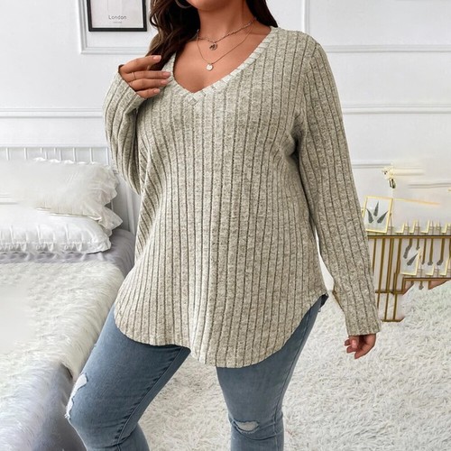 Plus Size 28 Womens Ribbed Jumper Tops Ladies V Neck Solid Casual Shirt Pullover - Picture 56 of 85