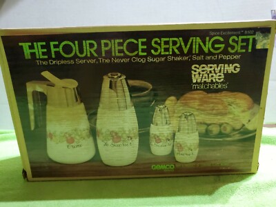 NEW VINTAGE GEMCO 4 Piece Serving Set:Dripless Server:Salt&Pepper:Sugar Shaker 