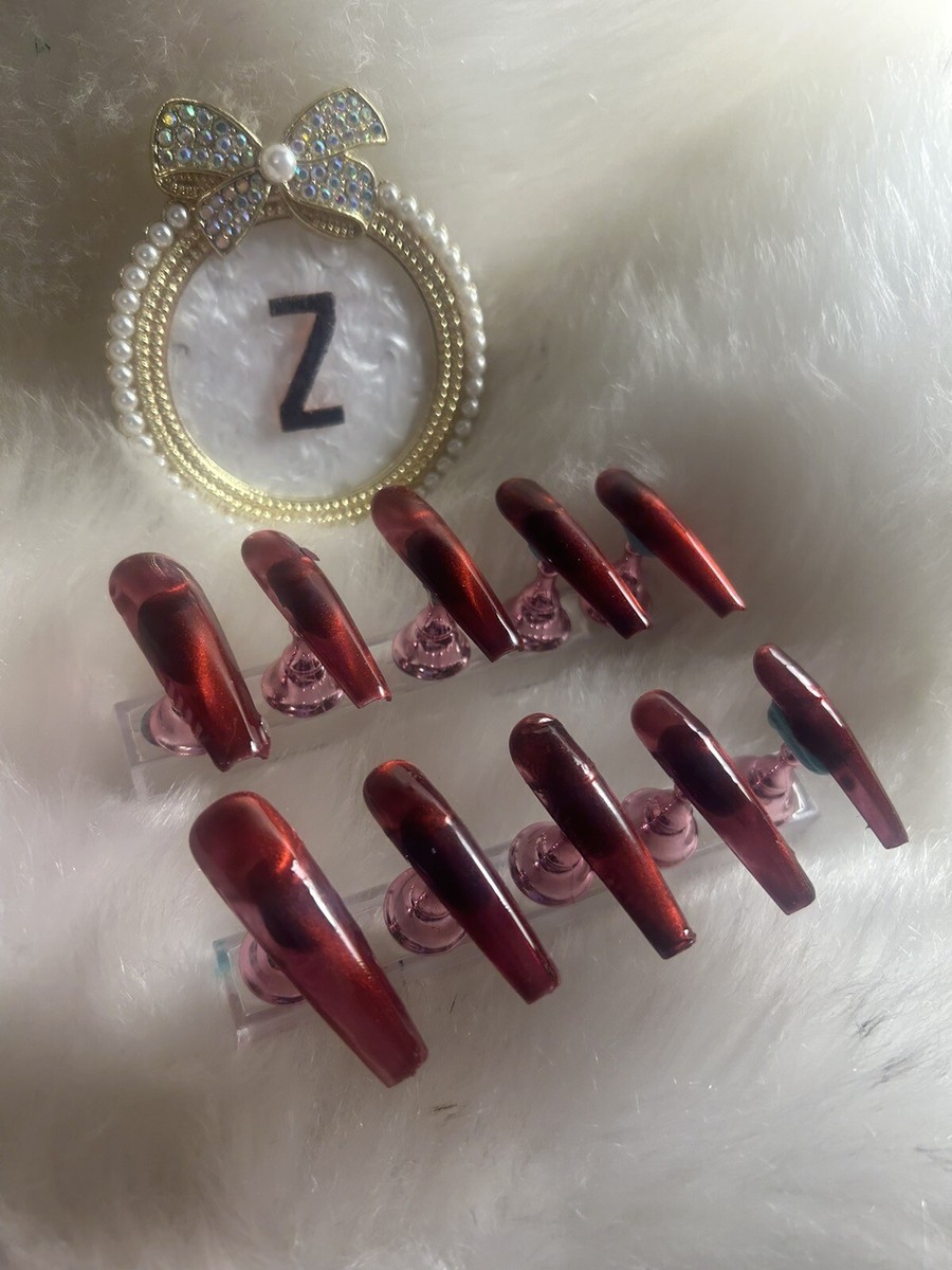 Z NAILZ! Handmade 2XL Coffin Magnetic Red 2 directional Press On