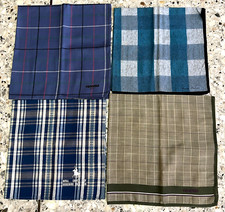 4 CLASSIC ART MEN HANKY BLUE  GREEN VTG CHECKED PLAIN COTTON POCKET SQUARE 17"