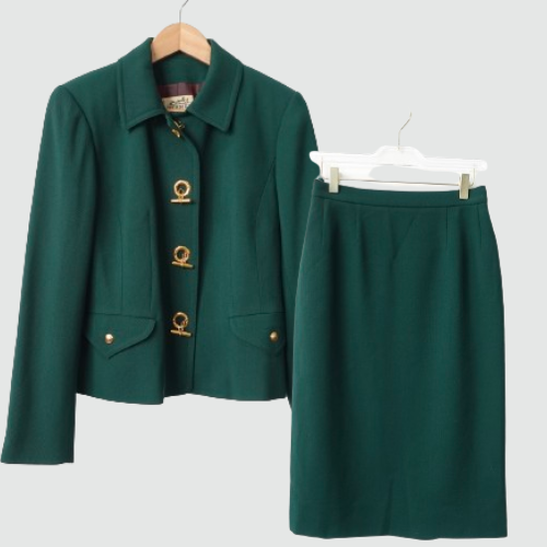 HERMES Paris Dress 40 Wool Suit Blazer Skirt MEDIUM Toggle D Ancre