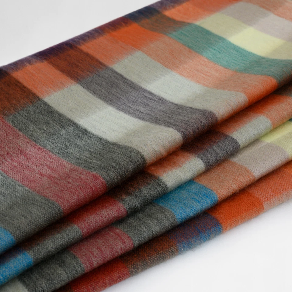 COZY CHECKER ALPACA WOOL BLANKET 96" x 66" MULTICOLOR PLAID IN ORANGE BLUE BROWN - Image 4 of 4