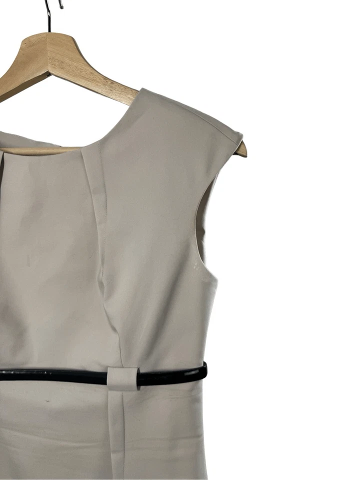Calvin Klein Beige Short Sleeve Sheath Dress Size 4 Belted Cap Sleeve Pleated - Image 2 of 4