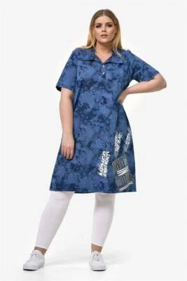 CLEANSON Tunika Kleid Jeans mit Druck Taschen trendige Details blau 50-52 - Bild 1 von 4