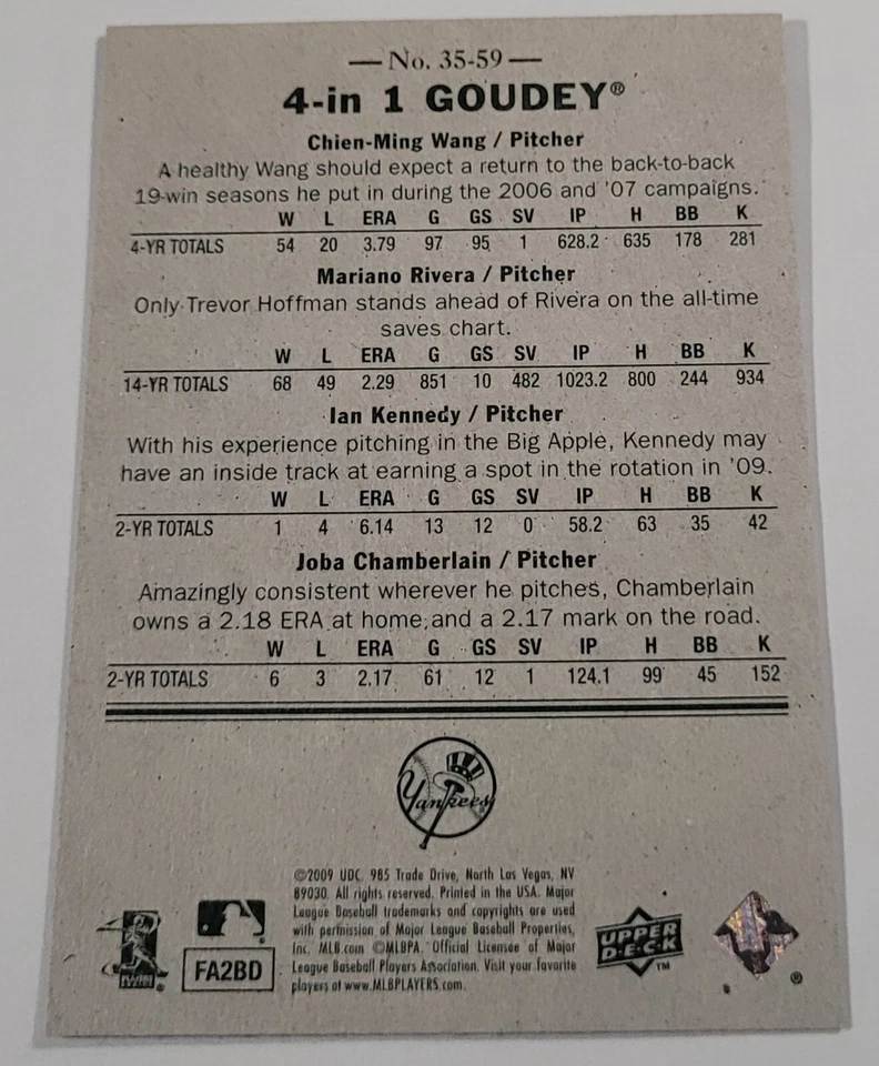 2009 Upper Deck Goudey 4-In-1 Blue #59 Wang/Rivera/Kennedy/Chamberlain Yankees - Image 2 of 2