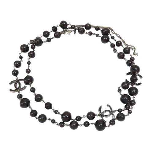 CHANEL Black Round Beads Bracelet Silver Plated