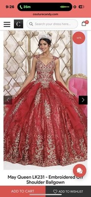 May Queen LK231 Embroidered Off Shoulder Ballgown Red Gold Formal Dress