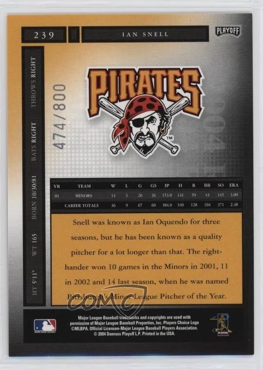 2004 Playoff Honors Rookie /800 Ian Snell #239 Rookie Auto RC - Image 2 of 2