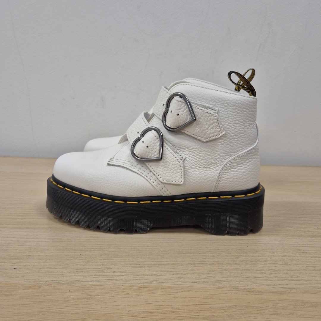 Dr Martens Devon Heart White Leather Quad Platform Chunky Boots Size Uk 6 EU 39