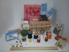 Vintage DRITZ PINK  Wicker Woven Sewing Box Basket w/Notions Contents 1960's