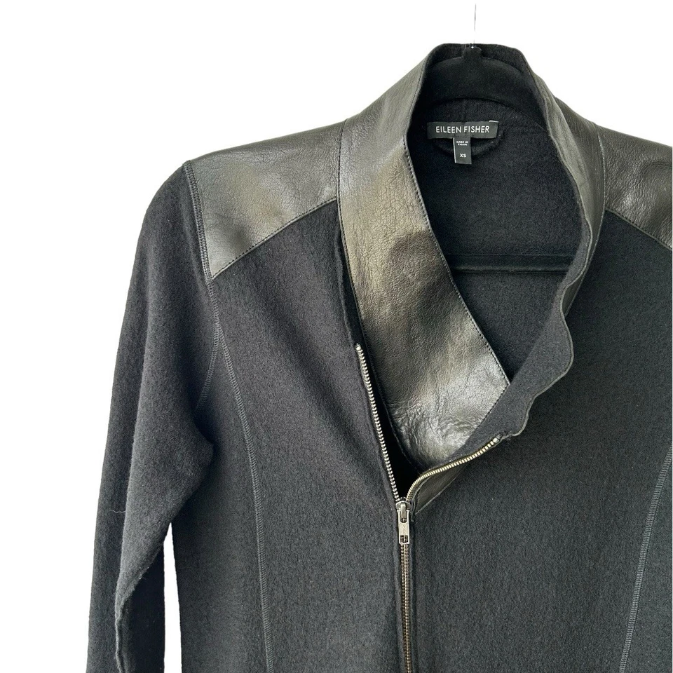 EILEEN FISHER Black Merino Wool Leather Asymmetrical Zip Jacket Coat Size XS - Image 4 of 4