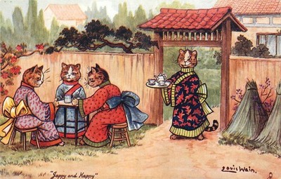 Louis Wain Oilette Postcard Japanese Kimono Cats Tea Party Raphael Tuck