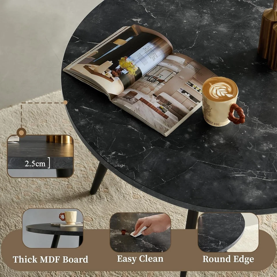 Round Black Marble Dining Table Set with 2 Faux Suede Chairs Kitchen Room - Image 3 of 4