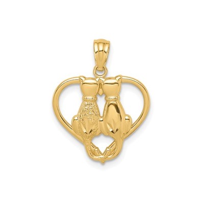 14k Gelbgold Katze Paar Anhänger Herz Umriss poliert Charm für Frauen