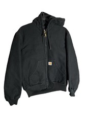 Vintage Carhartt J140 Black Canvas Duck Quilt Lined Hooded Jacket USA Made Small