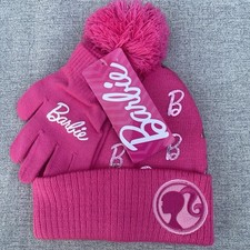 Official Barbie Girl's Child Hat And Glove Set Pink Silver Logo Emblem NWT