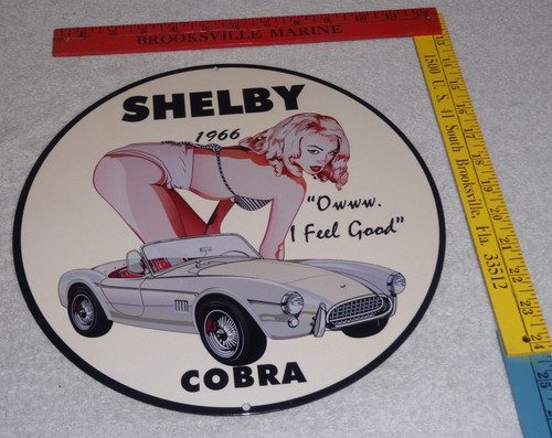 VINTAGE 1966 FORD SHELBY COBRA SPORTS CAR & WOMAN 12" METAL GASOLINE & OIL SIGN!