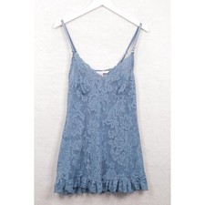 VICTORIAS SECRET Sheer Lace Ruffle Chemise Slip Lingerie Blue Sz M