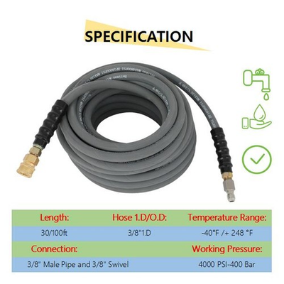 #ad 100FT 3 8quot; 4800PSI Pressure Washer Hose W Couplers Quick Connect Max 248°F $101.83