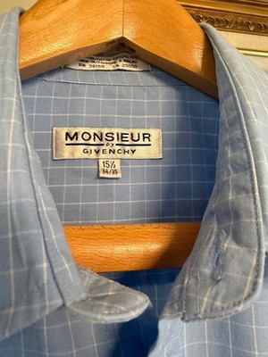 Monsieur by Givenchy Men's Long Sleeve Dress Shirt Blue Grid Pattern 15.5 34/35