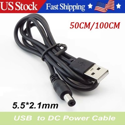 USB to 5.5mm x 2.1mm Barrel Connector 5V DC Power Cable Jack Male, 50cm/100cm