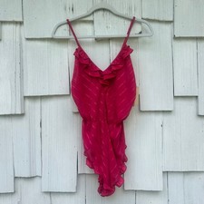 Vintage Barbizon Hot Pink Striped Ruffle Teddy Bodysuit Lingerie Small NWT