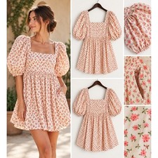 Storia Floral Babydoll Mini Dress | Puff Sleeve | Pink Floral | M