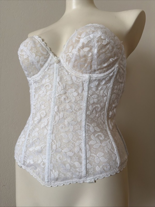 Carnival Long LineBra Open Back Strapless White Lace Boning Garter Loops 34C