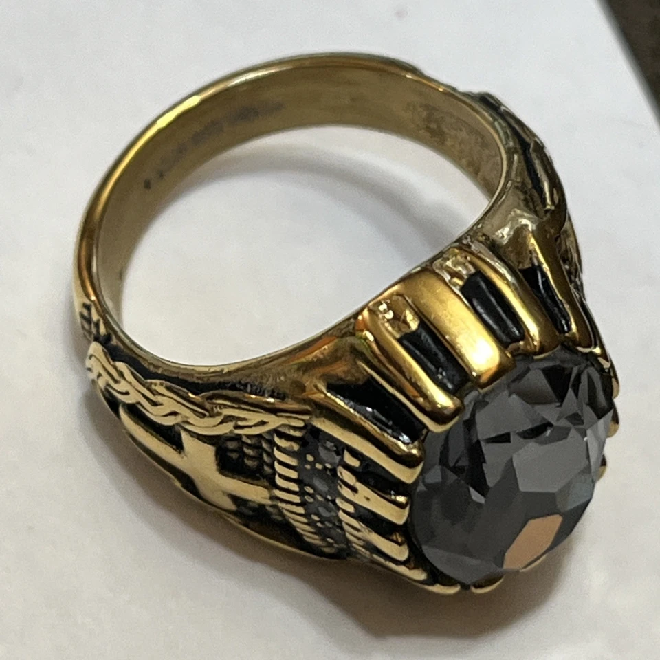 AnthonyJacobs stainless steel gold plated cross ring size 11 dark grey crystal - Image 3 of 4